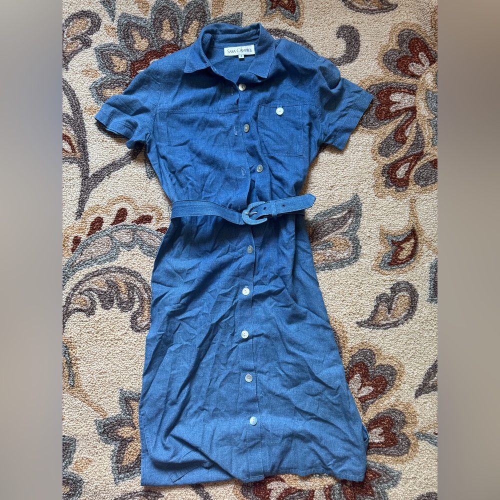 Vintage Sara Campbell Blue Midi Shirt Dress with Peter Pan Collar